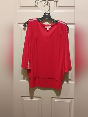 Embellished Batwing Cold Shoulder Plus Size Vibrant Red Blouse 2x